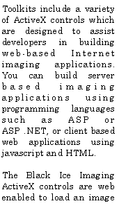 Text Box: Toolkits include a variety of ActiveX controls which are designed to assist developers in building web-based Internet imaging applications. You can build server based imaging applications using programming languages such as ASP or ASP .NET, or client based web applications using javascript and HTML.
The Black Ice Imaging ActiveX controls are web enabled to load an image