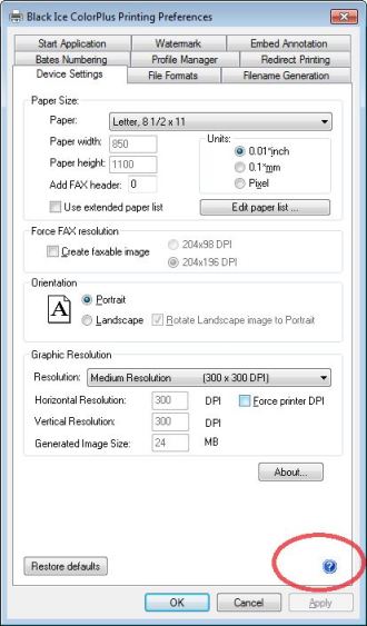 Interactive Help button on the Printing Preferences Dialog