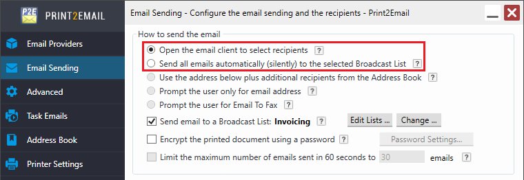 Using Print2Email in Broadcast Mode