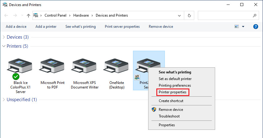 Configuring output directory for shared printers on the Client