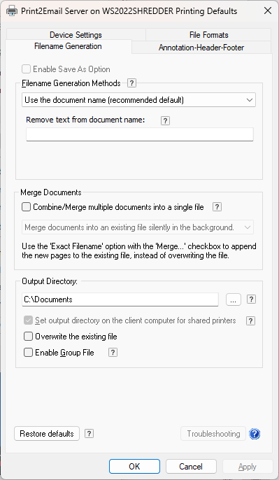 Configuring output directory for shared printers on the Client