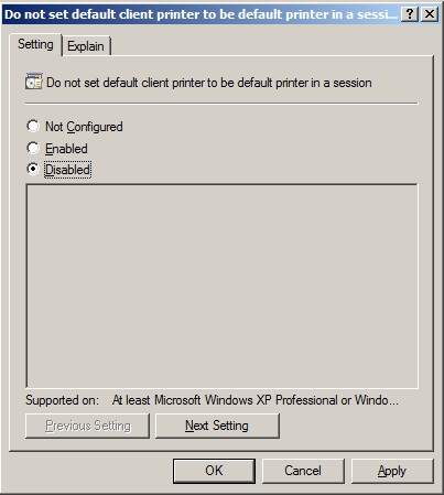Description: Do not set the default client printer to be default in a session.jpg