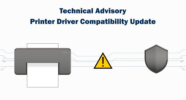 Graphic illustration showing a printer, a warning exclamation mark, and a security shield connected by network lines, representing a printer driver compatibility update.