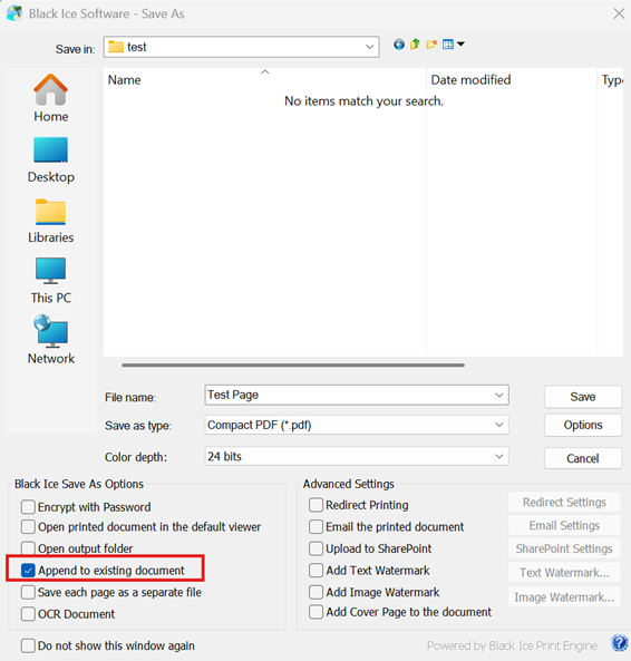 ColorPlus Printer Driver Save As dialog with Append to existing document selected