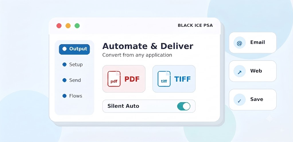 Black Ice PSA Printer converting documents to PDF or TIFF and delivering them by email, HTTP, or folder