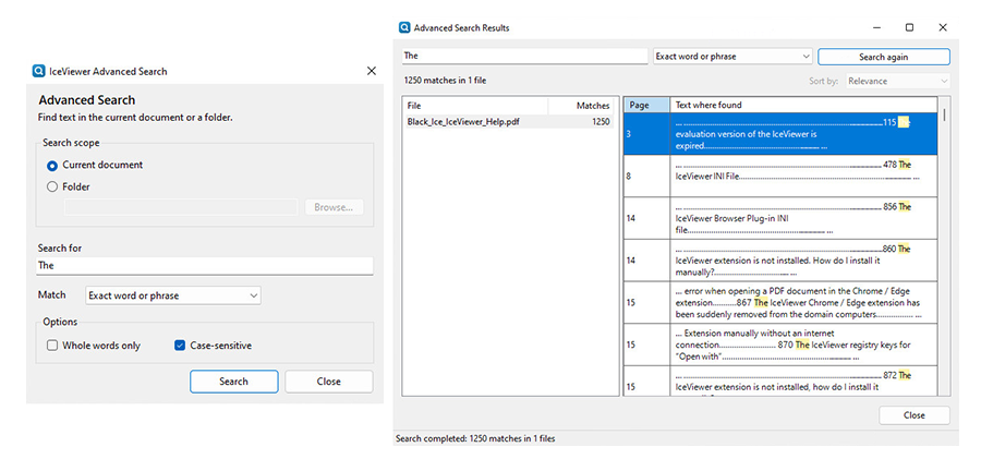 Illustration of Advanced Search finding invoice number across PDF files and showing matching pages and text.