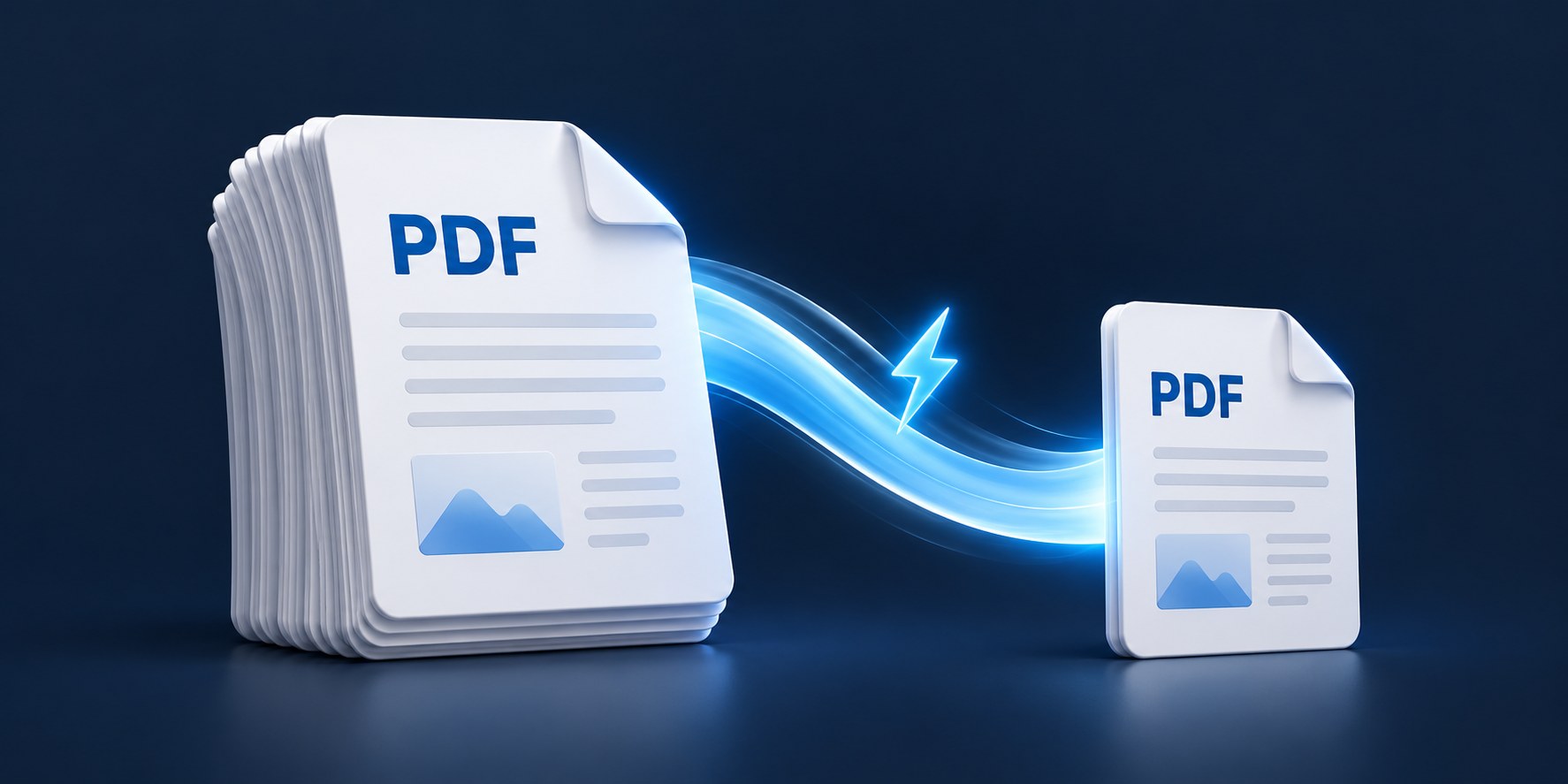 PDF documents becoming more compact, with a blue motion ribbon representing efficient conversion.