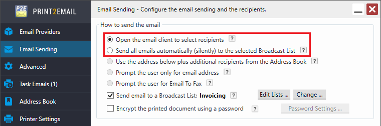 Using Print2Email in Broadcast Mode