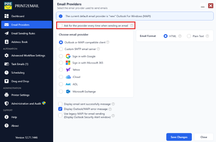Ask for the provider every time when sending an email