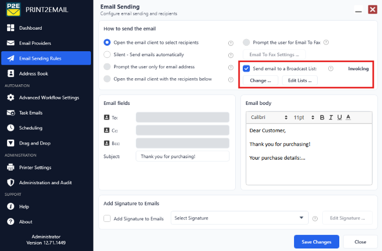 Select Send email to Broadcast List