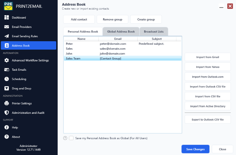 Address book after adding contact group