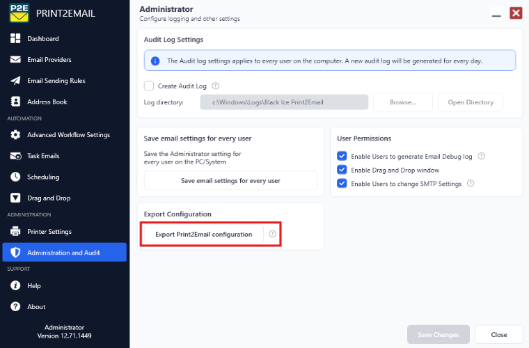 Export Print2Email Configuration