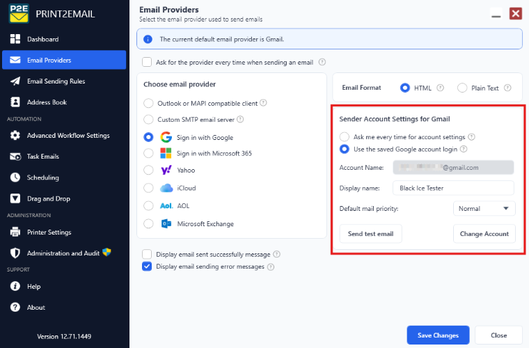 Sender Account Settings for Gmail