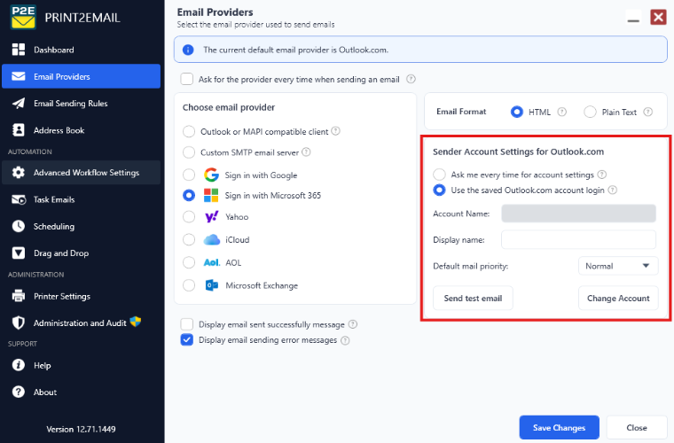 Sender account settings